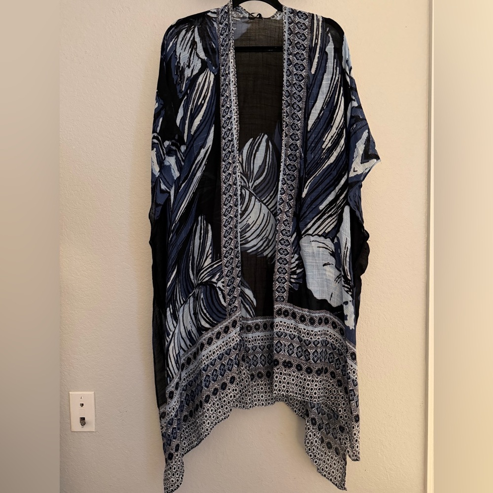 MODENA | Lightweight Blue Leaf Print Kimono Duster One Size